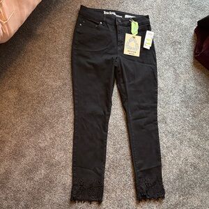 New wt Rock & Indigo  Black Jeans with black Lace at bottom legs front and back.